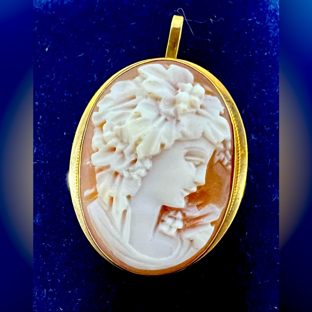 Hand carved Italian shell cameo brooch necklace 750 18kyg